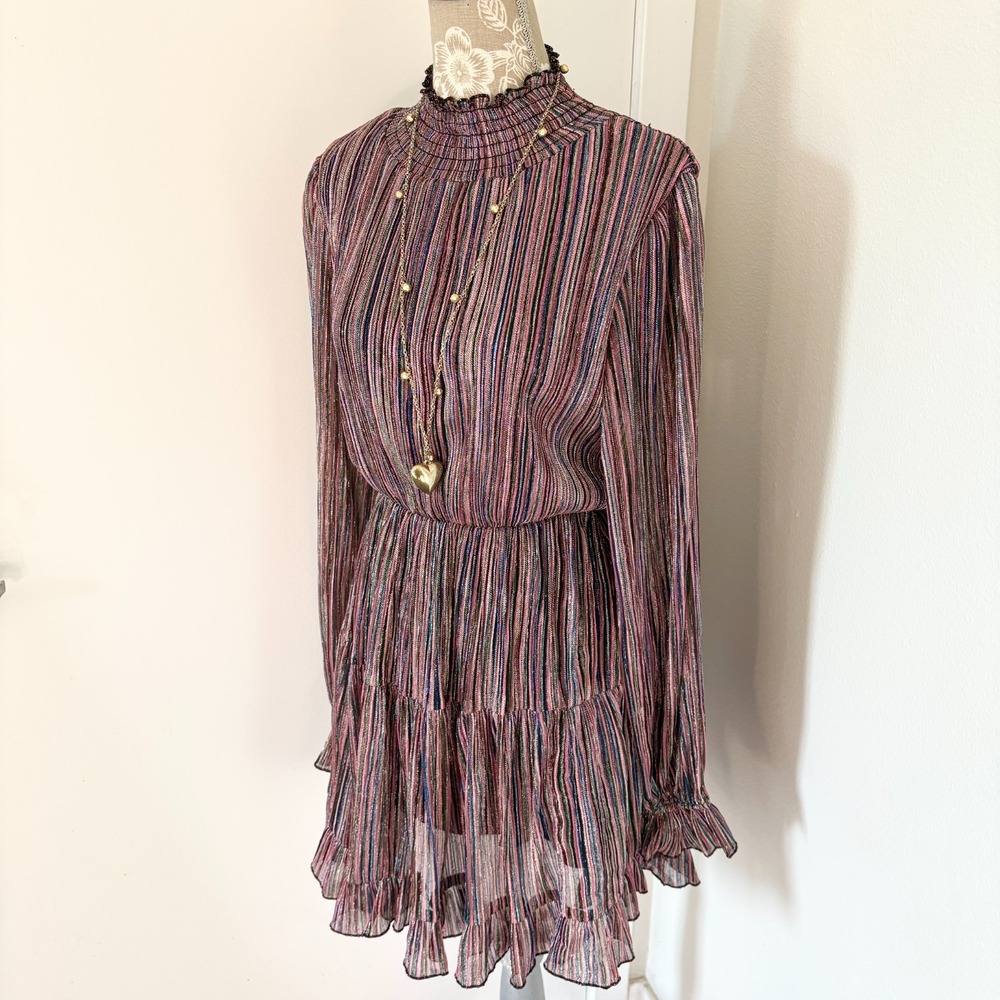 OPT Womens XS Metallic Striped Tiered Mini Dress Mock Neck Long Sleeve - Picture 3 of 9